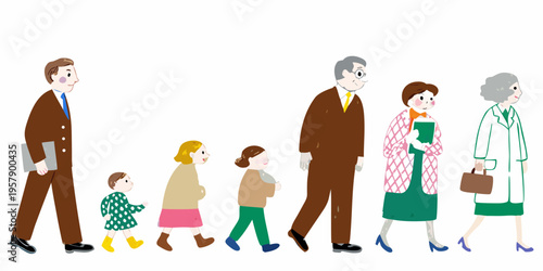 A diverse group of people walking in a linear stylized illustration