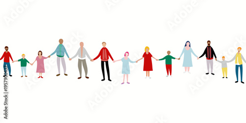 Diverse group of people holding hands in a colorful linear arrangement