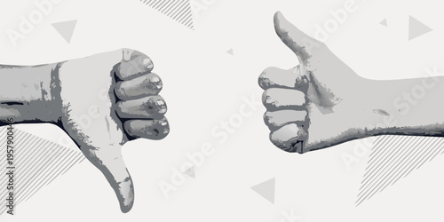 Two hands displaying opposing gestures thumbs up and thumbs down