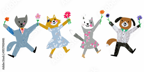 Anthropomorphic animals celebrate with flowers in a whimsical illustration