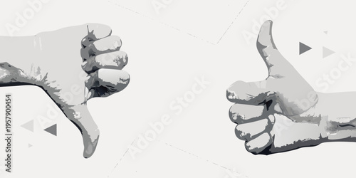 A grayscale illustration depicts opposing thumbs down and thumbs up gestures