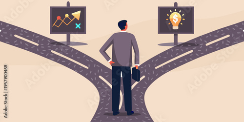 Man at a crossroads facing choices between data analysis and innovation