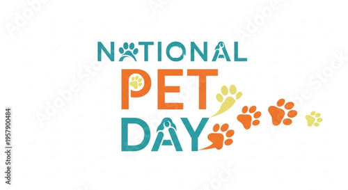 National pet day colorful text with paw prints on white background