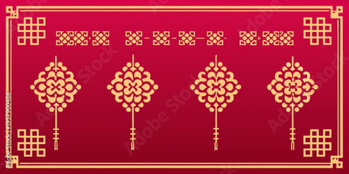 Intricate golden floral and geometric patterns on a deep red background