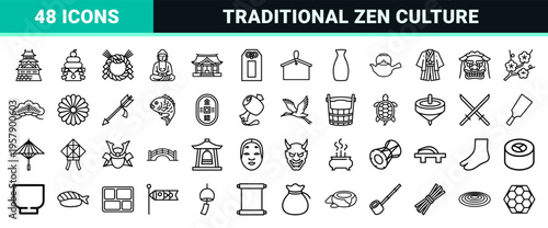 Minimalist Geometric Japanese Cultural Heritage Line Art Set Featuring Traditional Architecture Cuisine and Folklore Symbols in Crisp Monoline Style