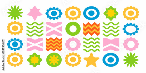 Colorful geometric shapes and patterns arranged in a grid formation