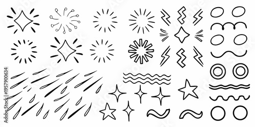 Collection of hand drawn starbursts sparkles and doodle elements
