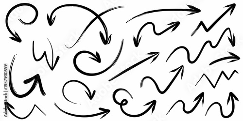 Collection of hand drawn black arrows and curved directional elements