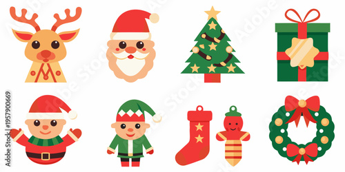 Festive christmas icons including reindeer santa trees and gifts