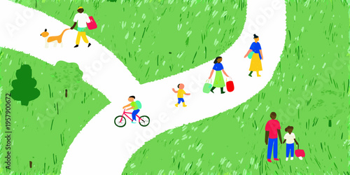 People walking and biking along a winding path in a green park