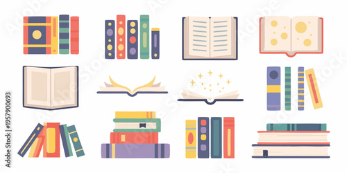 Collection of colorful open and stacked books in a flat illustration style
