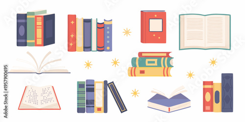 An assortment of colorful books both open and closed with stars