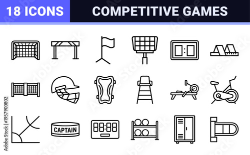 Professional Athletic Sports Equipment and Ball Games Icon Set featuring Minimalist Monoline Outlines for Modern Digital Interfaces