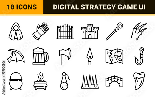 Fantasy Adventure RPG Questing UI Elements; Minimalist Monoline Geometric Line Art for Tabletop Gaming and Digital Interface Design.
