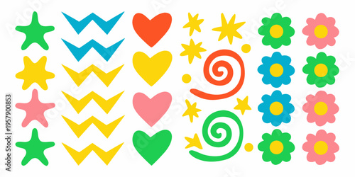 Colorful assortment of playful shapes and floral designs on a white background