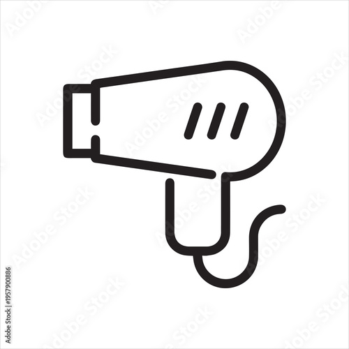 Hair dryer linear icon. Symbol of room service in hotel, hostel, motel, inns, salons, spa. Graphic contour logo. Vector illustration isolated on white background.