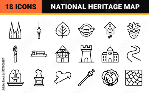 Minimalist Germany Map and Cultural Heritage Monoline Icons Featuring Geographic Silhouettes and Traditional National Landmarks