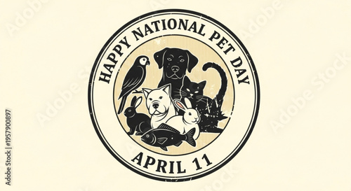 National pet day logo with animals and text on beige background