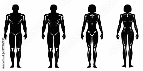 Four stylized human figures depicted in black silhouettes two male and two female