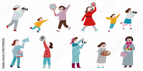 Diverse group of people playfully interacting with reflective objects