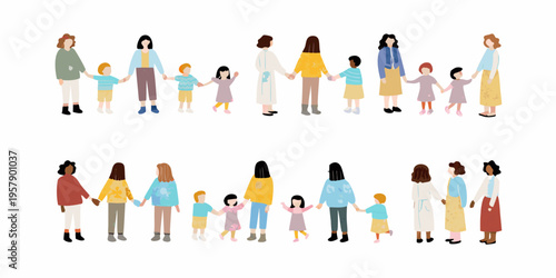 Diverse group of people including adults and children holding hands together