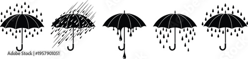 Set of five black umbrellas with raindrops concept of rain weather fall season forecast protection