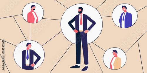 Stylized illustration depicting a group of diverse businessmen in a network