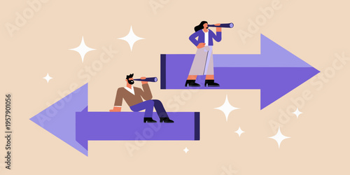People using telescopes while standing on directional arrows conceptual illustration