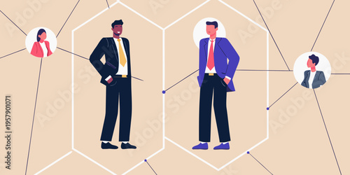 Diverse professionals connecting within a modern networking illustration