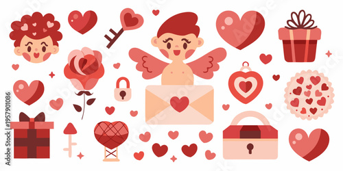 Colorful valentine s day themed illustrations with hearts and cherubic figures