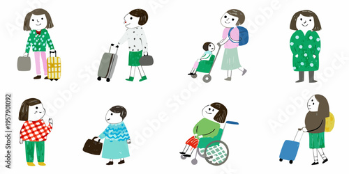 Illustration of a family traveling with luggage and accessibility needs