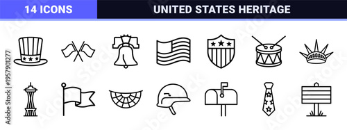 Minimalist American Patriotic Line Art Symbols Featuring Geometric Flag Star and National Outline Icons for Commercial Web Design