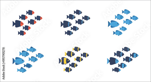 Stylized schools of fish in various blue shades arranged in distinct groupings
