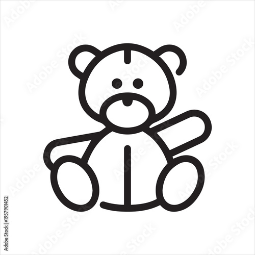 Thin Outline Icon Teddy Bear Waving Its Paw Front View. Such Line Sign as Children's Soft Plush Toy. Vector Isolated Custom Pictogram for Web and App on White Background Editable Stroke.
