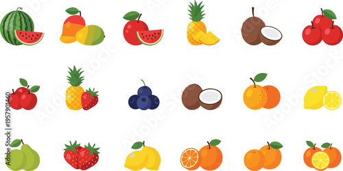 Colorful fruit collection set with watermelon mango apple pineapple coconut berries citrus fresh food vector illustration