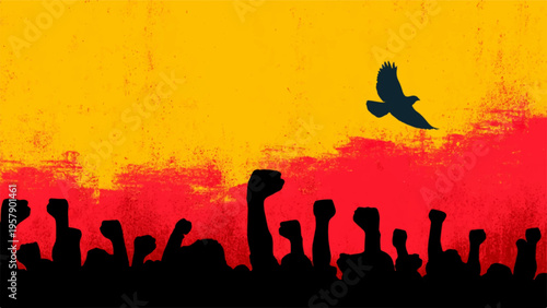 Vector silhouette of crowd with raised fists and bird on sunset background