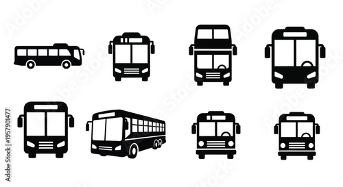 Black and white illustration depicting a variety of public transportation buses