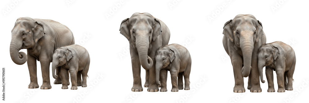 Obraz premium Asian Elephant Elephas Maximus and Cute Calf Set Isolated on White Background, Adult Mother Elephant with Small Baby Calf Collection, Wildlife Animal Family Standing Front View Pack