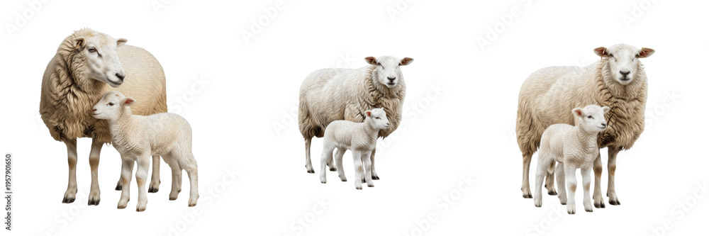 Fototapeta premium Domestic Sheep Ovis Aries and Cute Lamb Set Isolated on White Background, Adult Ewe with Small Baby Lamb Collection, Farm Animal Livestock Family Standing Side View Profile Set Pack