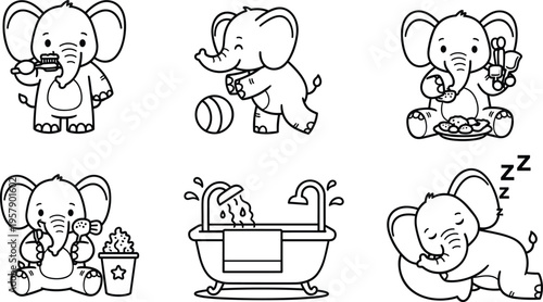 Cute baby elephant activities set with eating playing bathing sleeping cartoon line art vector illustration collection