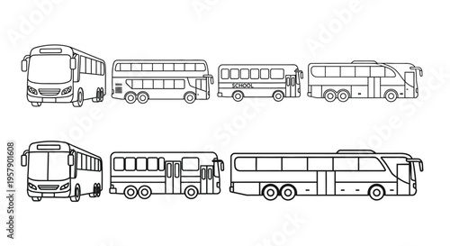 Line drawing of six different buses in a row including a school bus