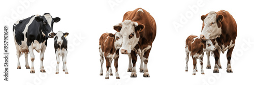 Fotografie Domestic Cow Bos Taurus and Cute Calf Set Isolated on White Background, Adult Mo