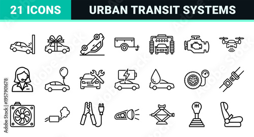 Automotive Logistics and Urban Transportation Concept Graphics featuring Minimalist Monoline Geometric Line Art for Commercial Interface Design