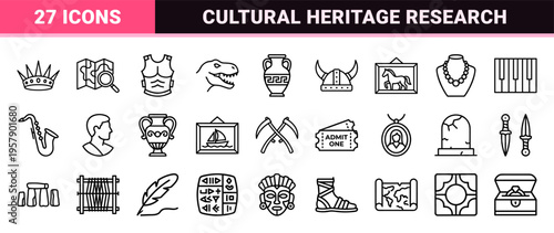 History Museum and Archaeology Research Minimalist Monoline Icon Set featuring Ancient Artifacts, Cultural Heritage, and Historical Education.