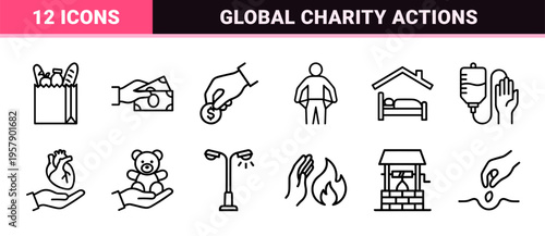 Charity and Philanthropy Minimalist Monoline Icon Set featuring Geometric Line Art for Humanitarian Aid and Community Support Concepts.