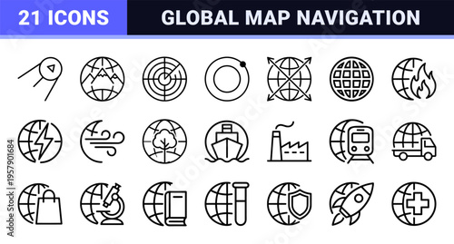 Geometric Earth and Global Connectivity Minimalist Monoline Outline Symbols for Logistics Navigation and International Business Interface Design.