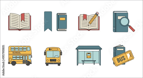 Colorful icons depicting books school buses and a bus stop scene