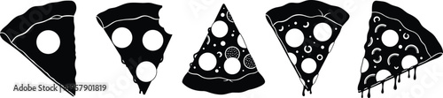 Black silhouette pizza slices, various styles including pepperoni, bitten, and plain