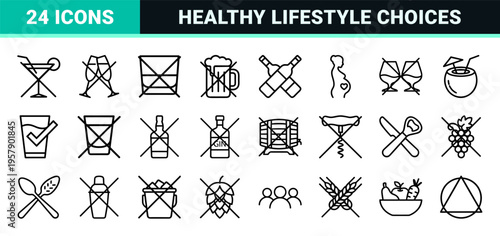 Prohibition and Sobriety Line Art Symbols featuring Minimalist Monoline Geometric Outlines for Alcohol Free Zones and Healthy Lifestyle.
