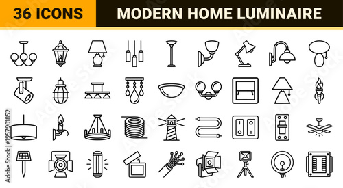 Interior Lighting and Electrical Fixtures Linear Graphic Set Featuring Minimalist Monoline Table Lamps Ceiling Lights and Lantern Outlines